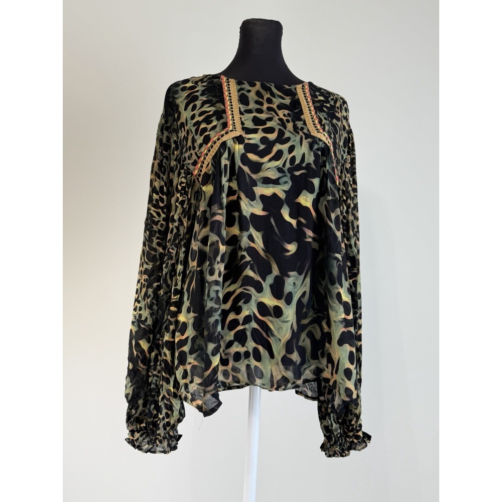 Blank London Blouse Small Animal Print Embroidered Boho Balloon Sleeve Sheer
